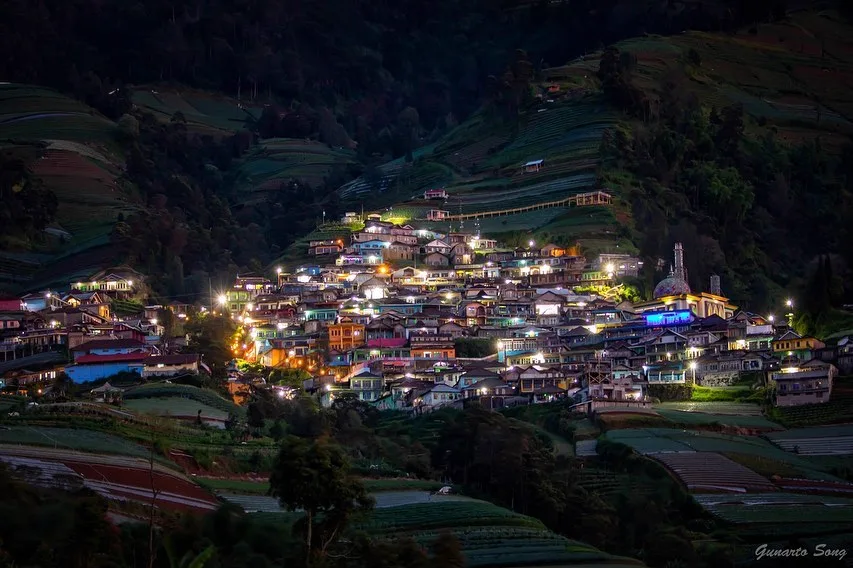 Wide view across the cultivated hillside and scattered houses at Nepal Van Java