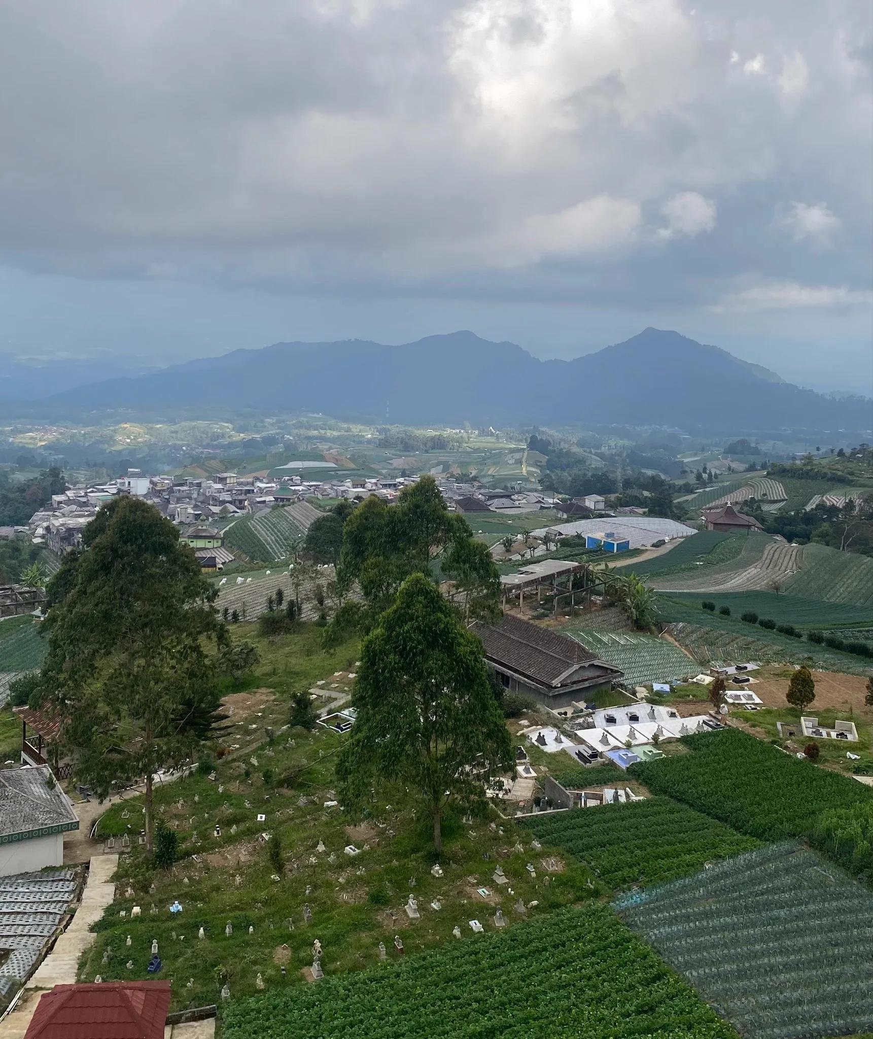 The full hillside of Nepal Van Java with layered terraces and Mount Sumbing