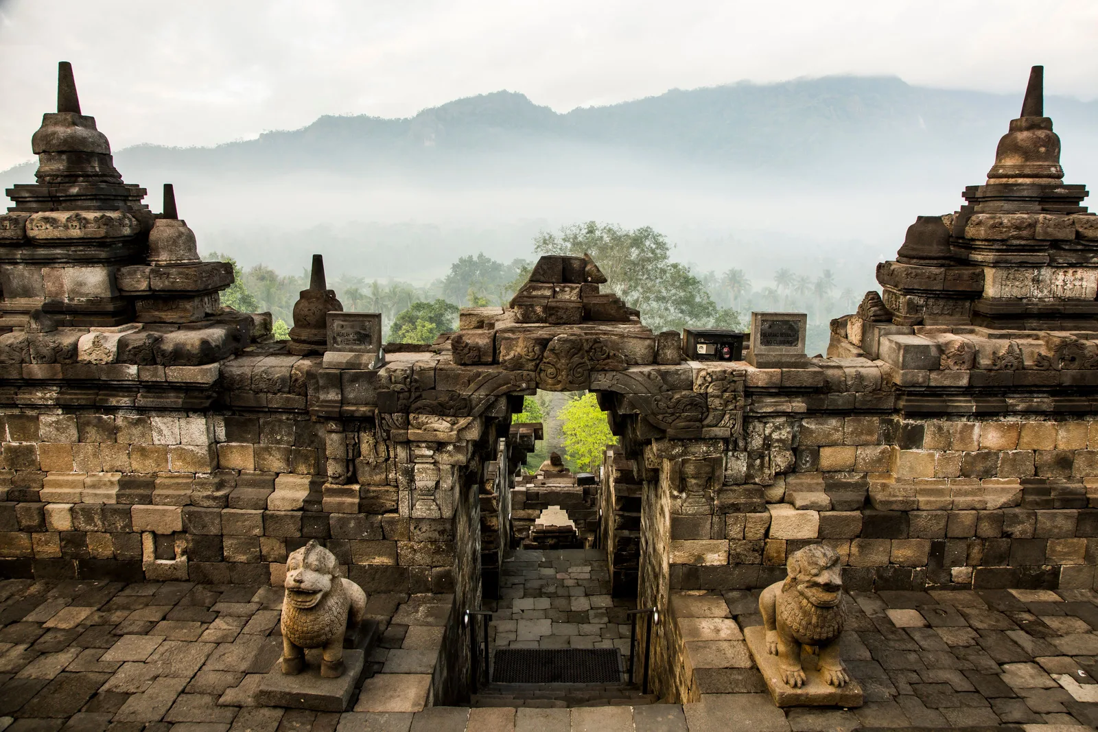 Borobudur Temple photographed in mist from a distance