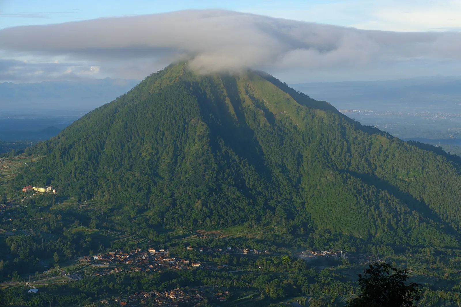 Aerial view of Mount Merbabu's forested slopes in Central Java